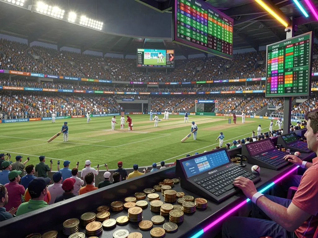 66Q cricket sportsbook scene showing a packed cricket stadium with a green field, bat and ball, digital live odds panels, coins, and neon lighting in a cinematic 3D render