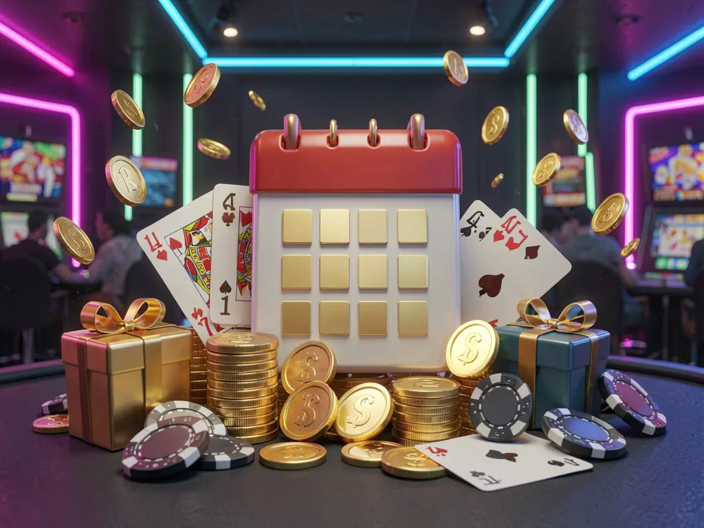 66Q weekly online casino bonus concept featuring a calendar icon surrounded by golden coins, gift boxes, poker chips, and playing cards in a festive casino atmosphere with a dark modern background and neon lights