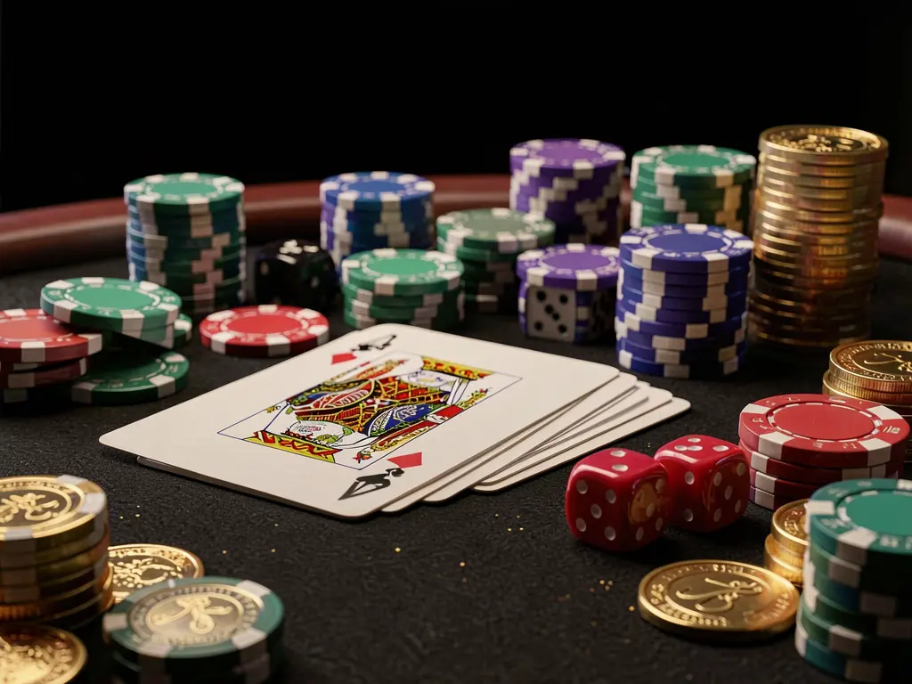 Close-up of an elegant 66Q casino table featuring poker chips, playing cards, dice, and gold coins illuminated by soft cinematic lighting against a luxury black background