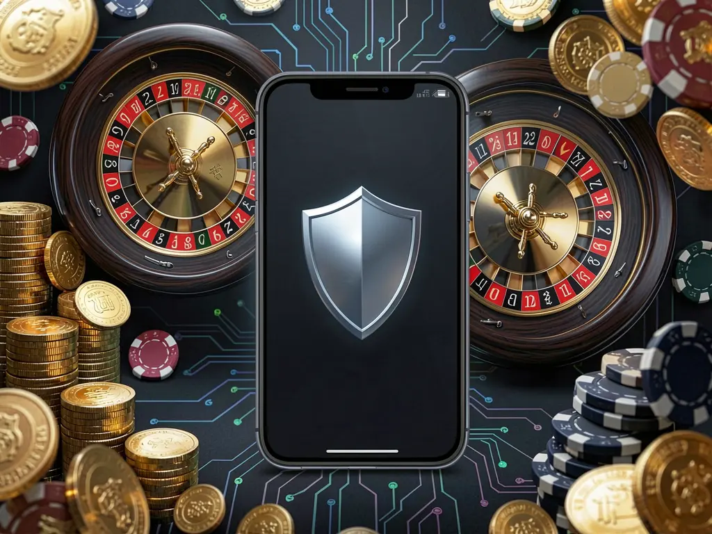 Secure mobile casino login screen on phone with shield icon, roulette wheel, poker chips, and golden coins in a dark cyber luxury atmosphere featuring 66Q branding
