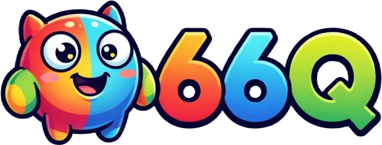 66Q mascot-style logo featuring a friendly character icon with bold, colorful gaming brand lettering on a transparent background, designed as a wide horizontal rectangular wordmark for website header